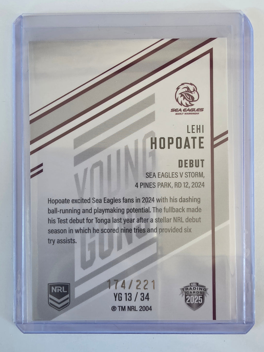 NRL 2025 Elite | Young Guns White | #YG13 | Lehi Hopoate | #174/221 | Sea Eagles