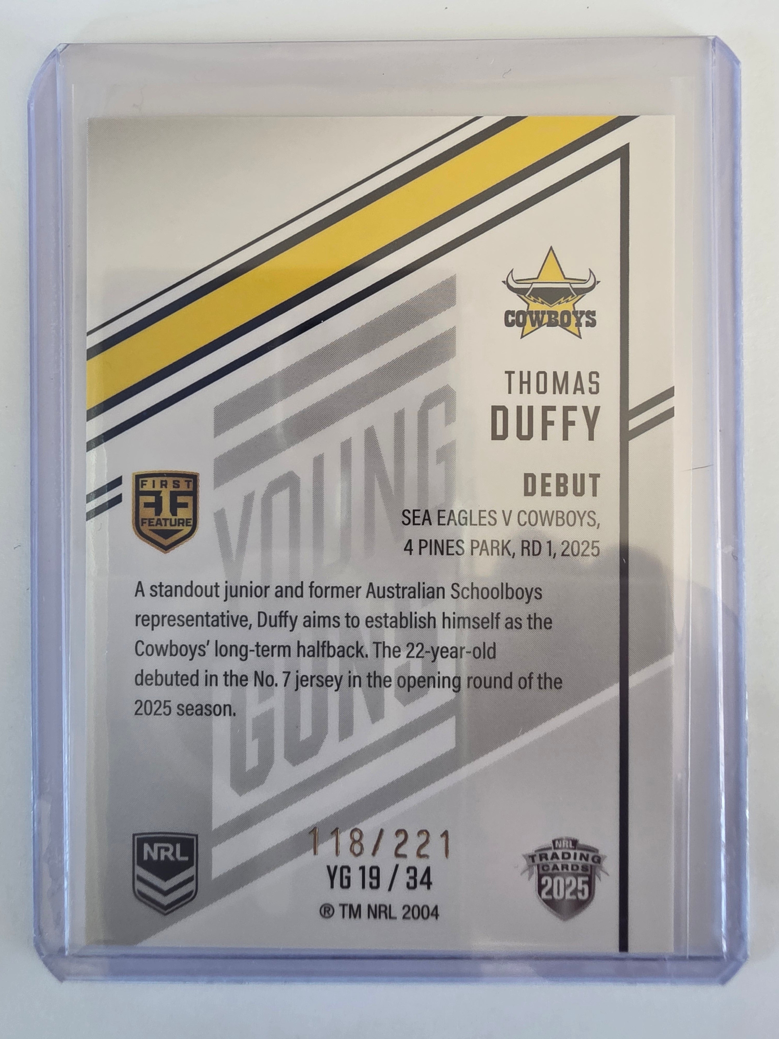 NRL 2025 Elite | Young Guns White | #YG19 | Thomas Duffy | #118/221 | Cowboys