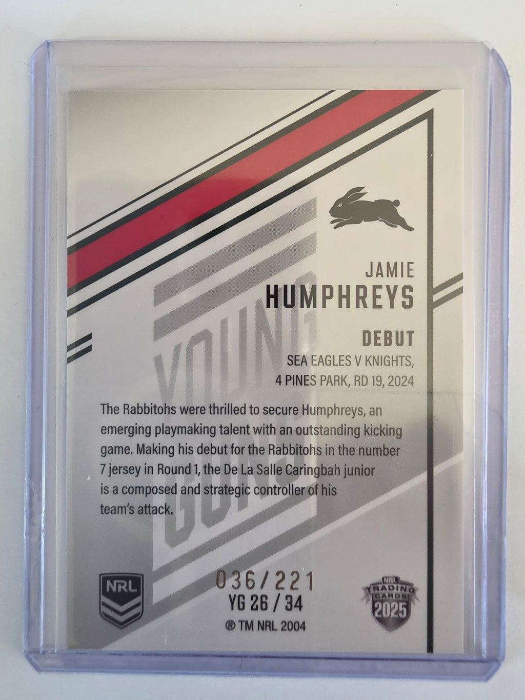 NRL 2025 Elite | Young Guns White | #YG26 | Jamie Humphreys #036/221 | Rabbitohs