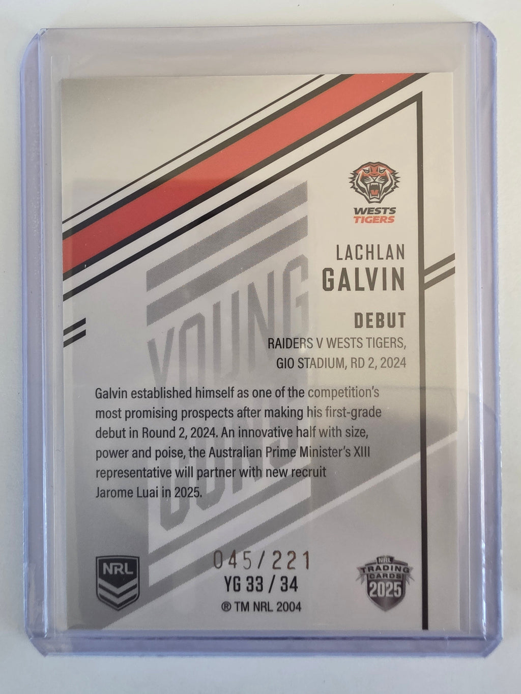 NRL 2025 Elite | Young Guns White | #YG33 | Lachlan Galvin | #045/221 | Tigers