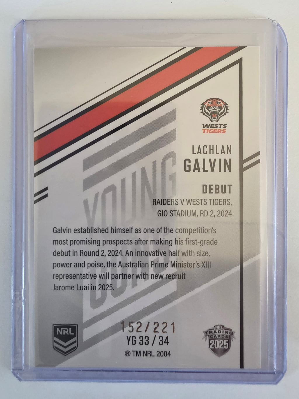 NRL 2025 Elite | Young Guns White | #YG33 | Lachlan Galvin | #152/221 | Tigers