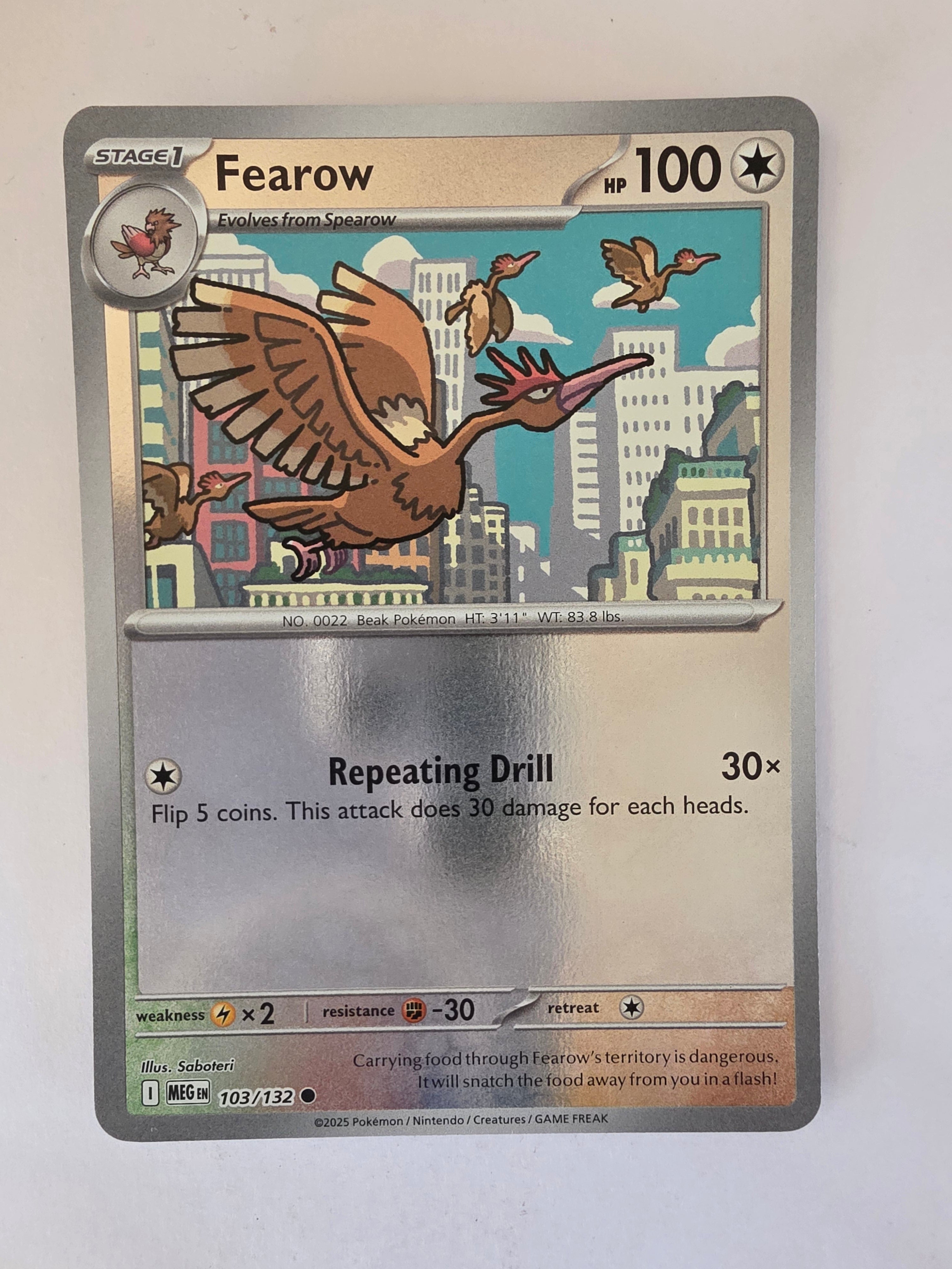 Trading card featuring a bird-like creature with cityscape background