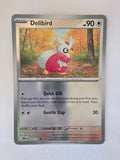Pokémon trading card featuring Delibird with a forest background