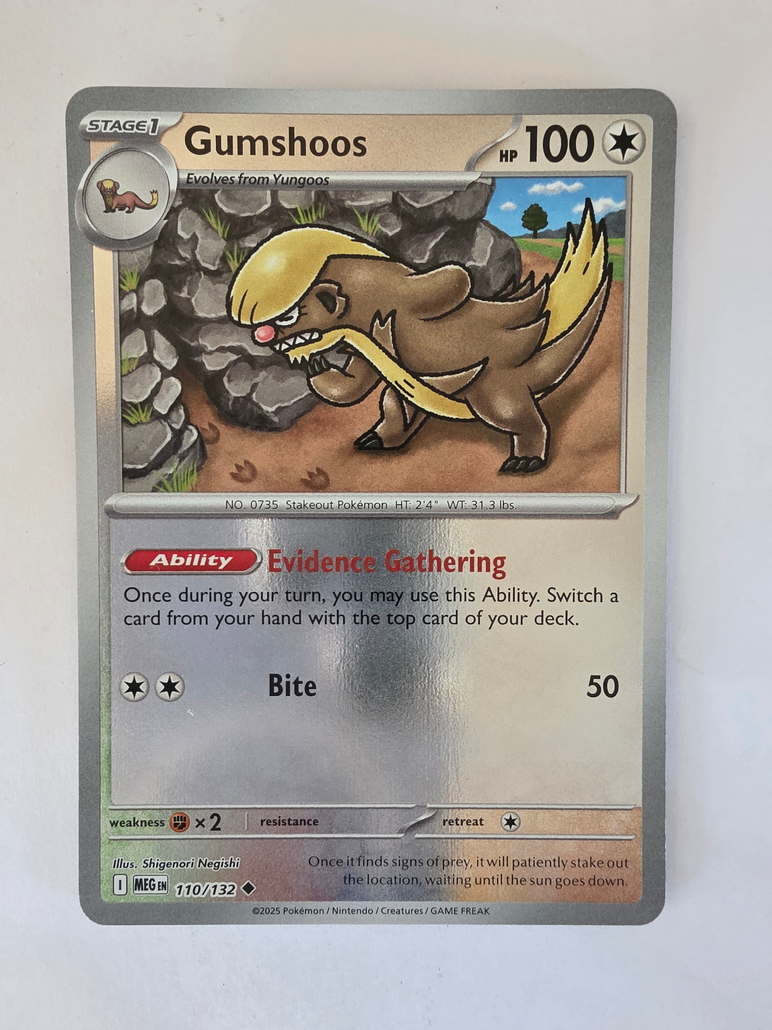 Trading card featuring a Gumshoos character with game text and graphics on a white background