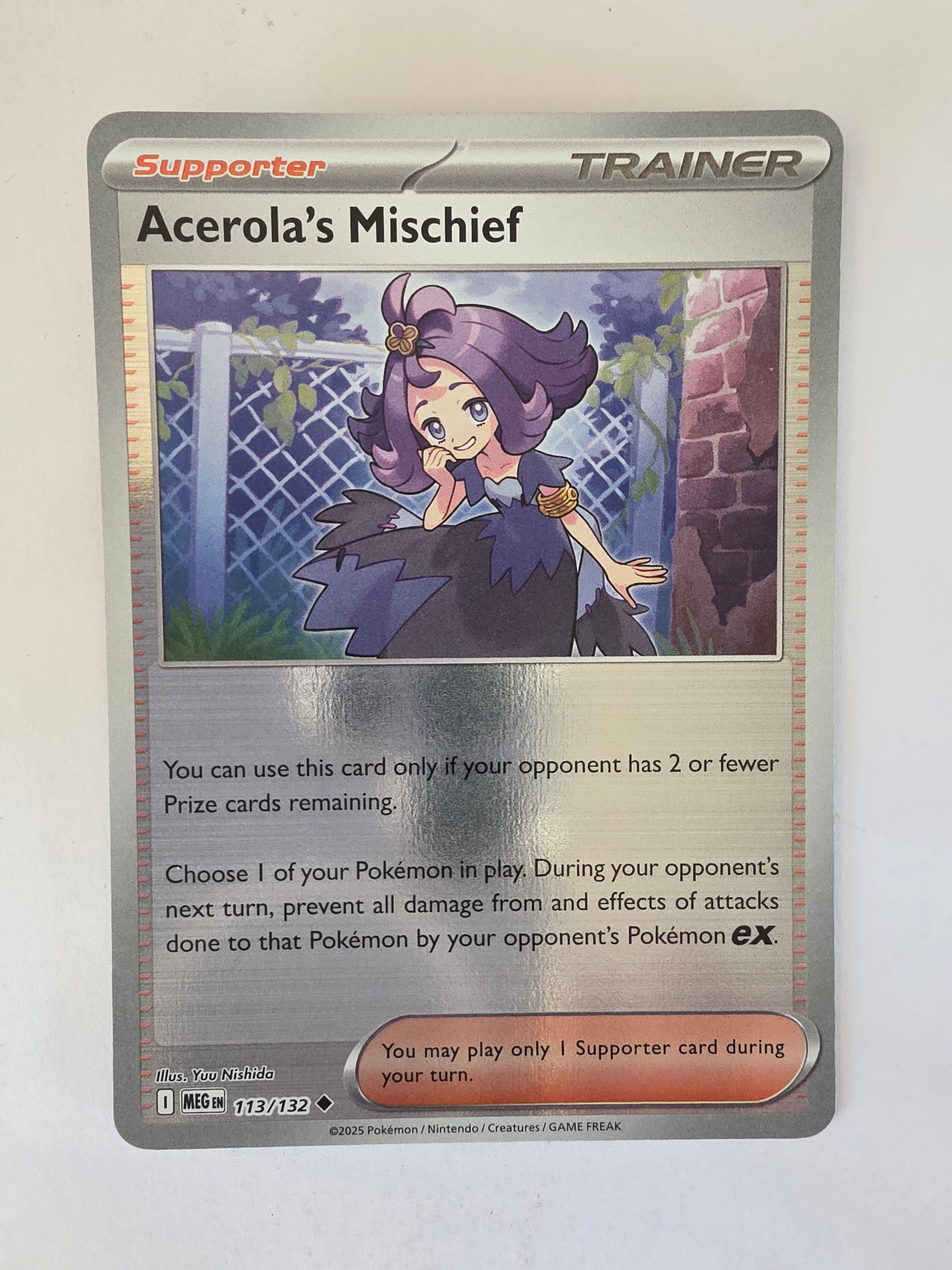 Pokémon trading card featuring Acerola's Mischief on a white background