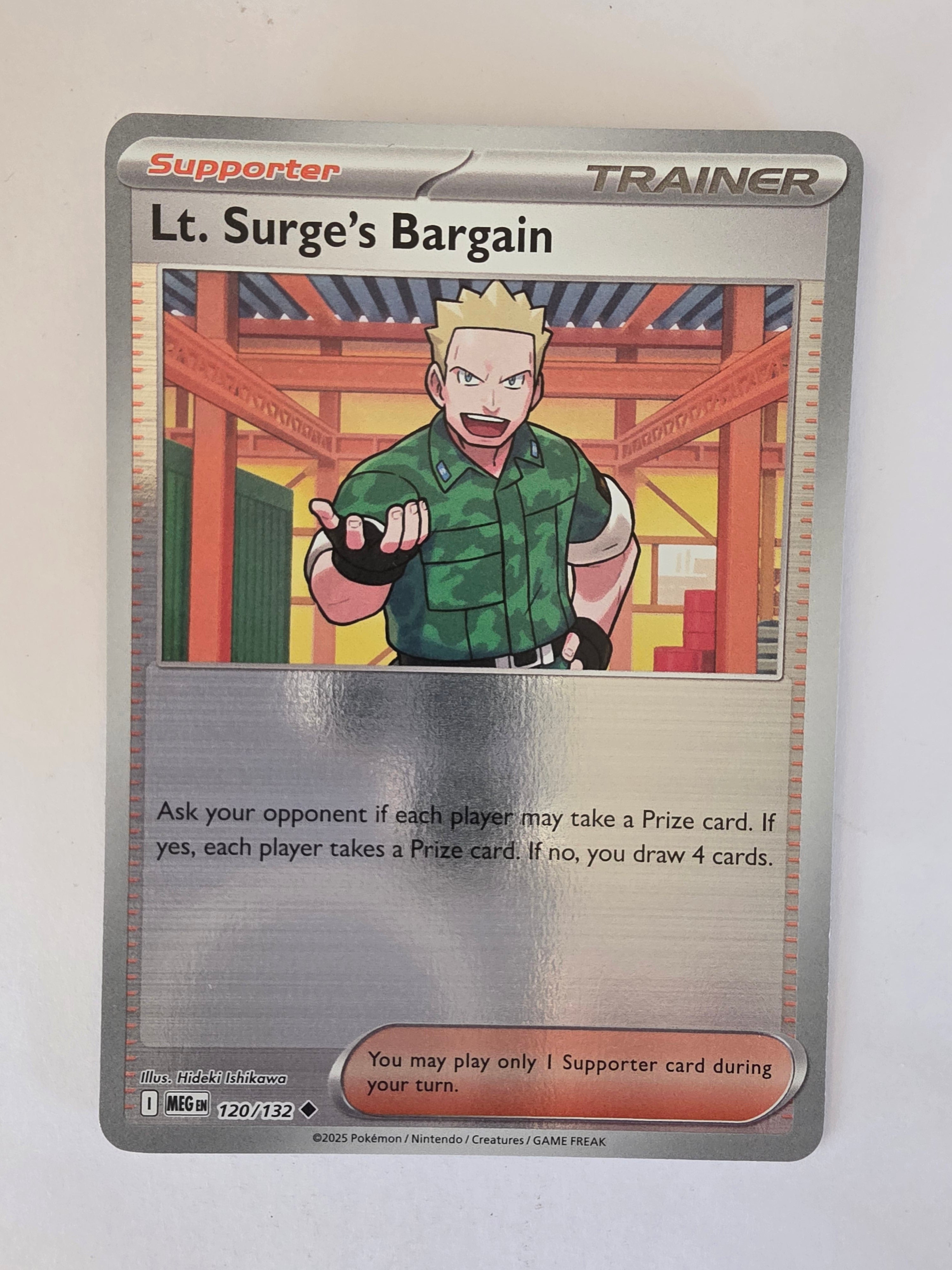 Trading card featuring an animated character in a green outfit with a metallic border on a white background