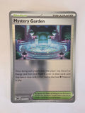 Trading card featuring a 'Mystery Garden' stadium with text on a white background