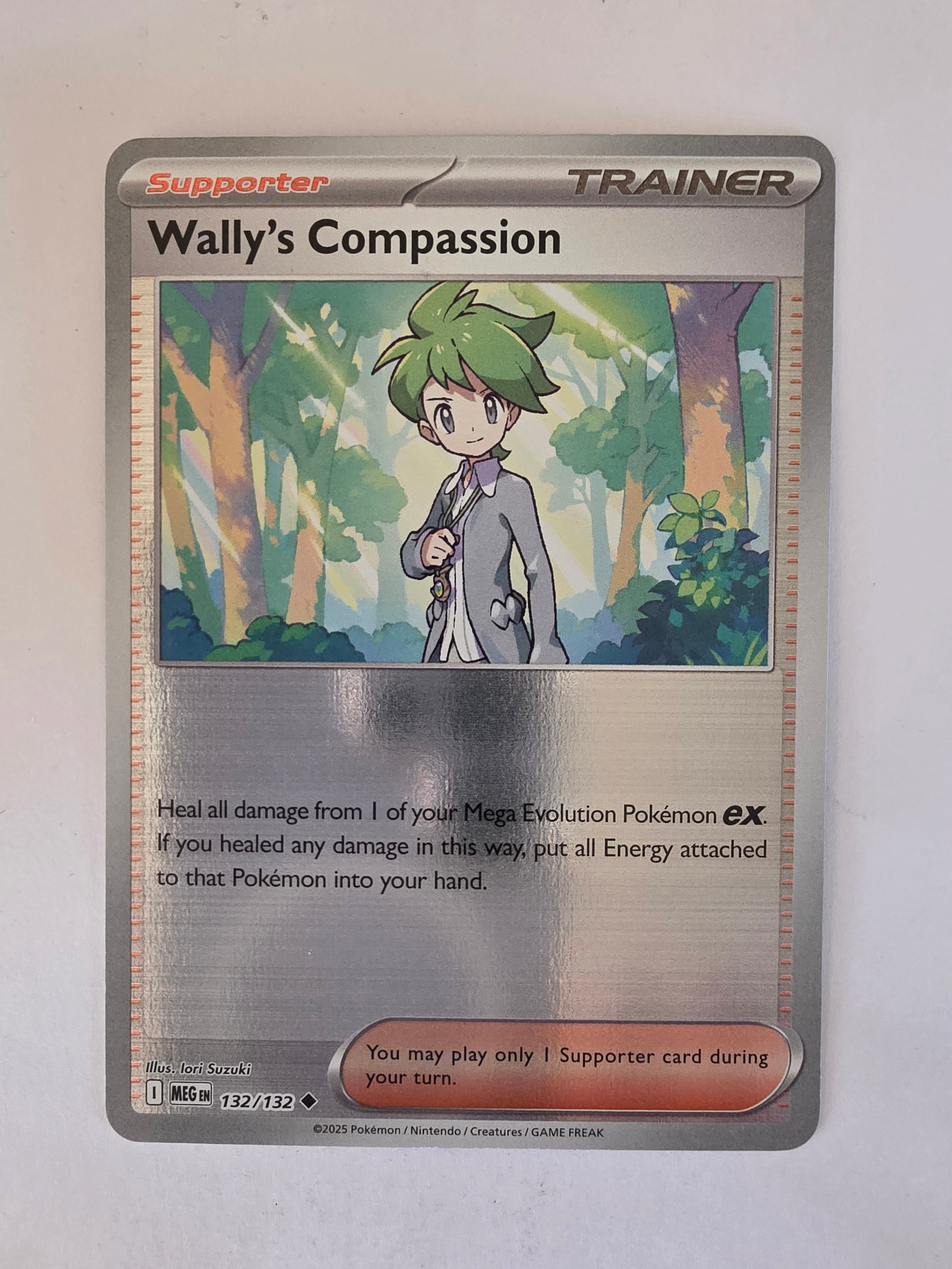 Trading card featuring a character with green hair and a trainer's outfit, set against a nature-themed background.