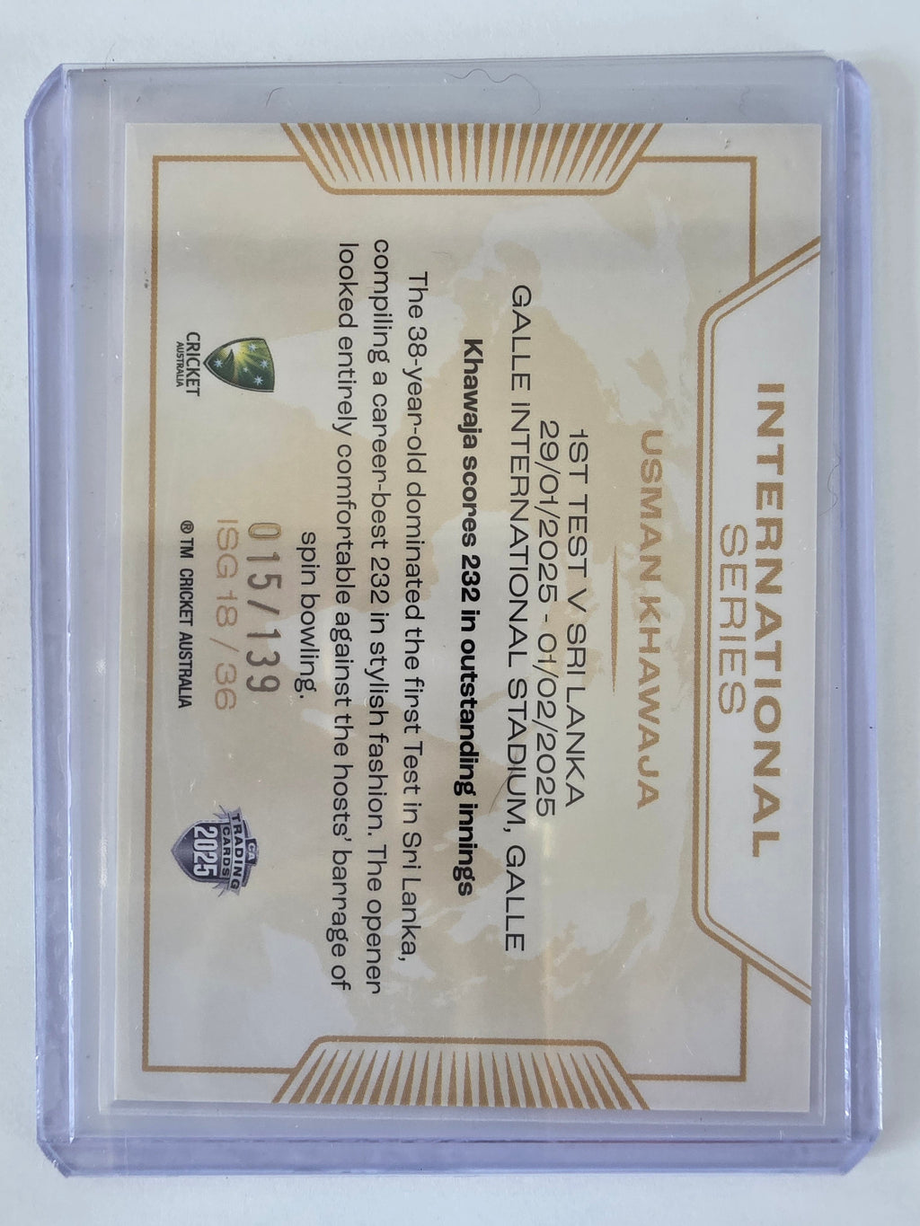 2025/26 Cricket Traders |International Series GOLD | #ISG18 | #015/139 | Usman Khawaja