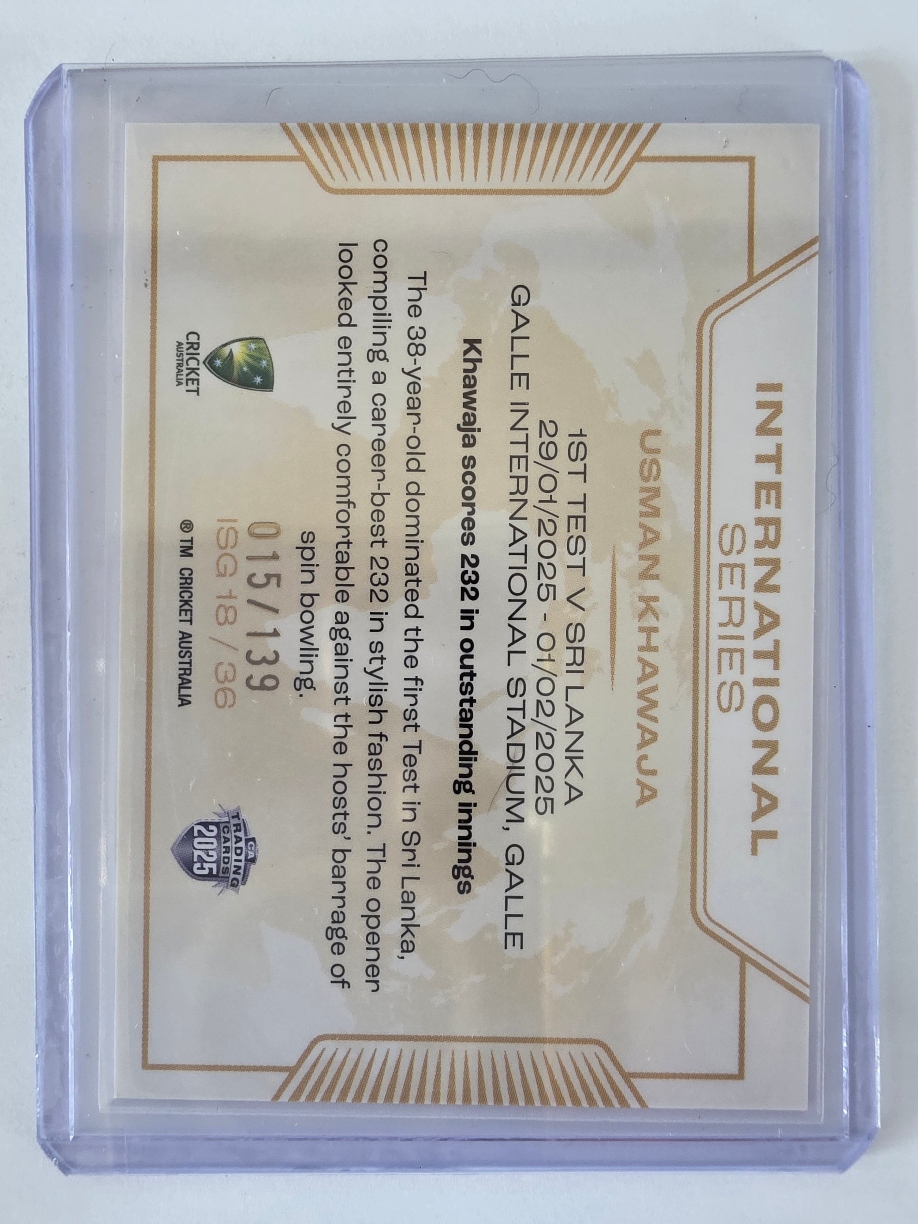 2025/26 Cricket Traders |International Series GOLD | #ISG18 | #015/139 | Usman Khawaja