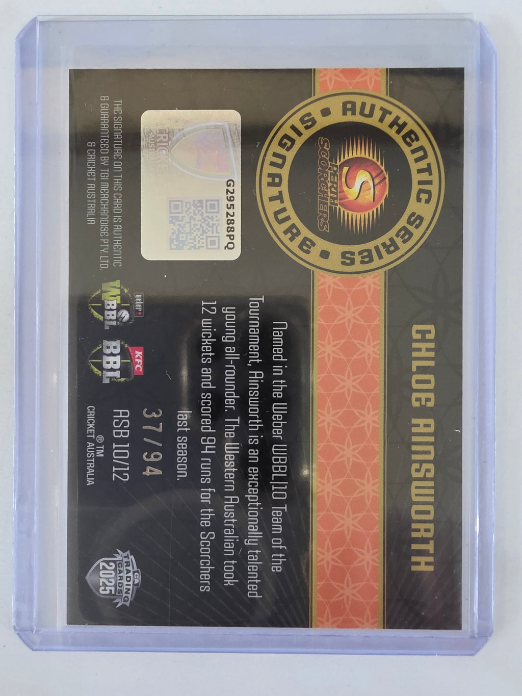 25/26 Cricket | Authentics Signature Black | #ASB10 | #37/94 | Chloe Ainsworth | Scorchers