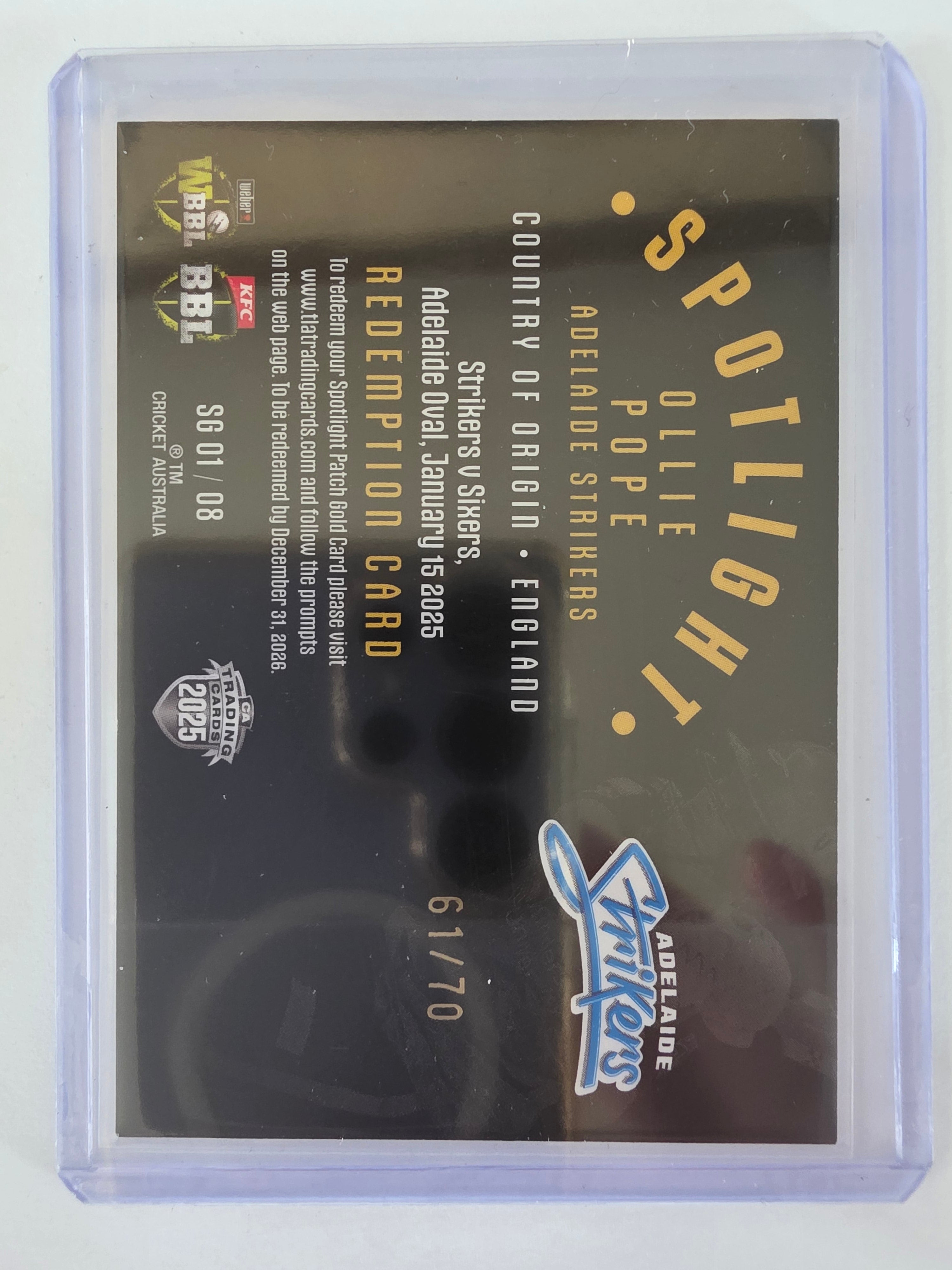 25/26 Cricket | Spotlight Jersey Patch Gold | #SG01 | #61/70 | Ollie Pope | Strikers