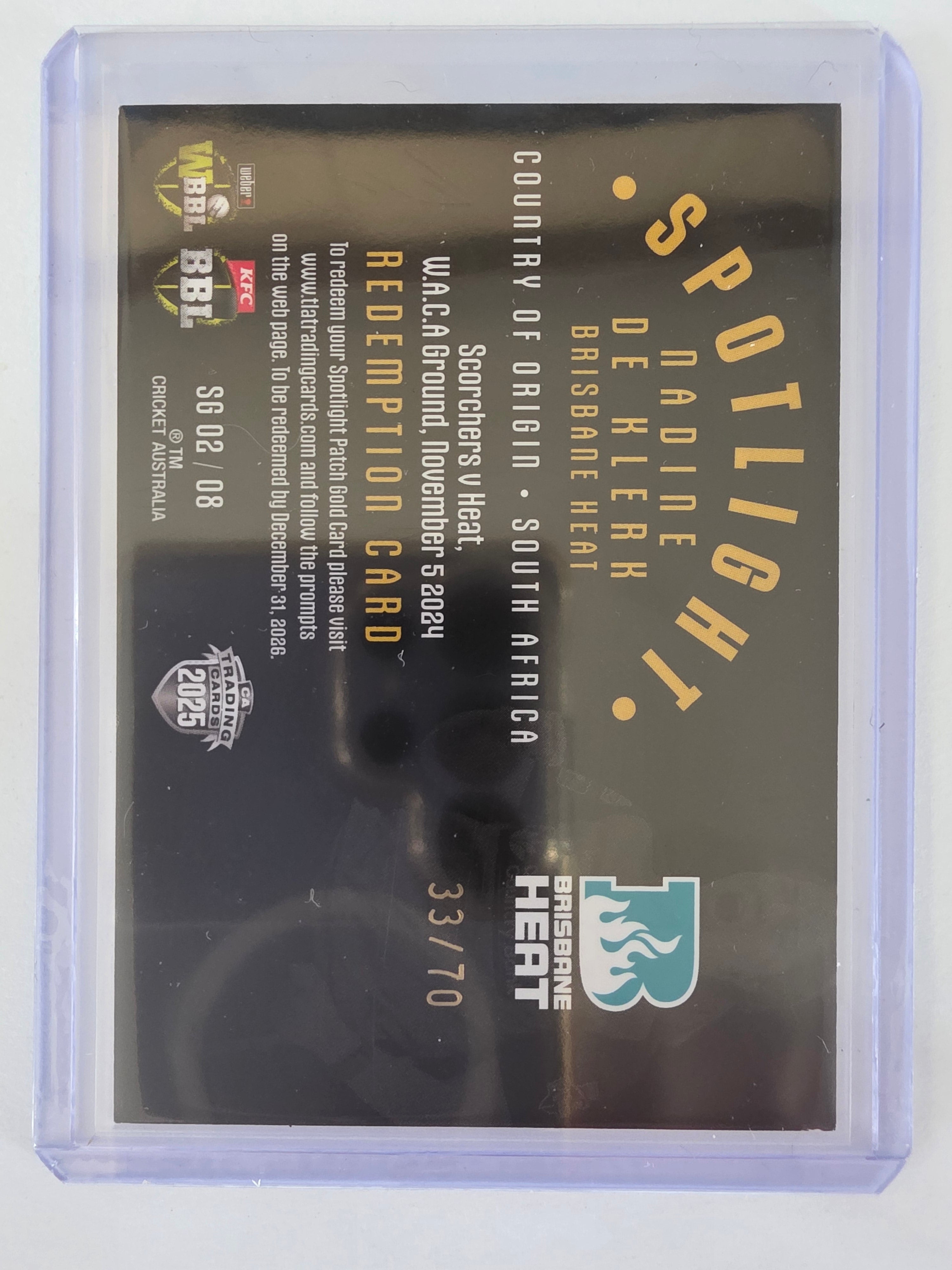25/26 Cricket | Spotlight Jersey Patch Gold | #SG02 | #33/70 | Nadine De Klerk | Heat