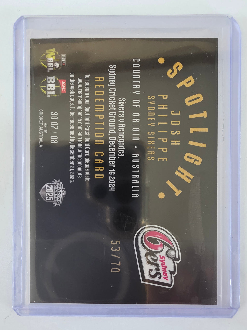 25/26 Cricket | Spotlight Jersey Patch Gold | #SG07 | #53/70 | Josh Philippe | Sixers