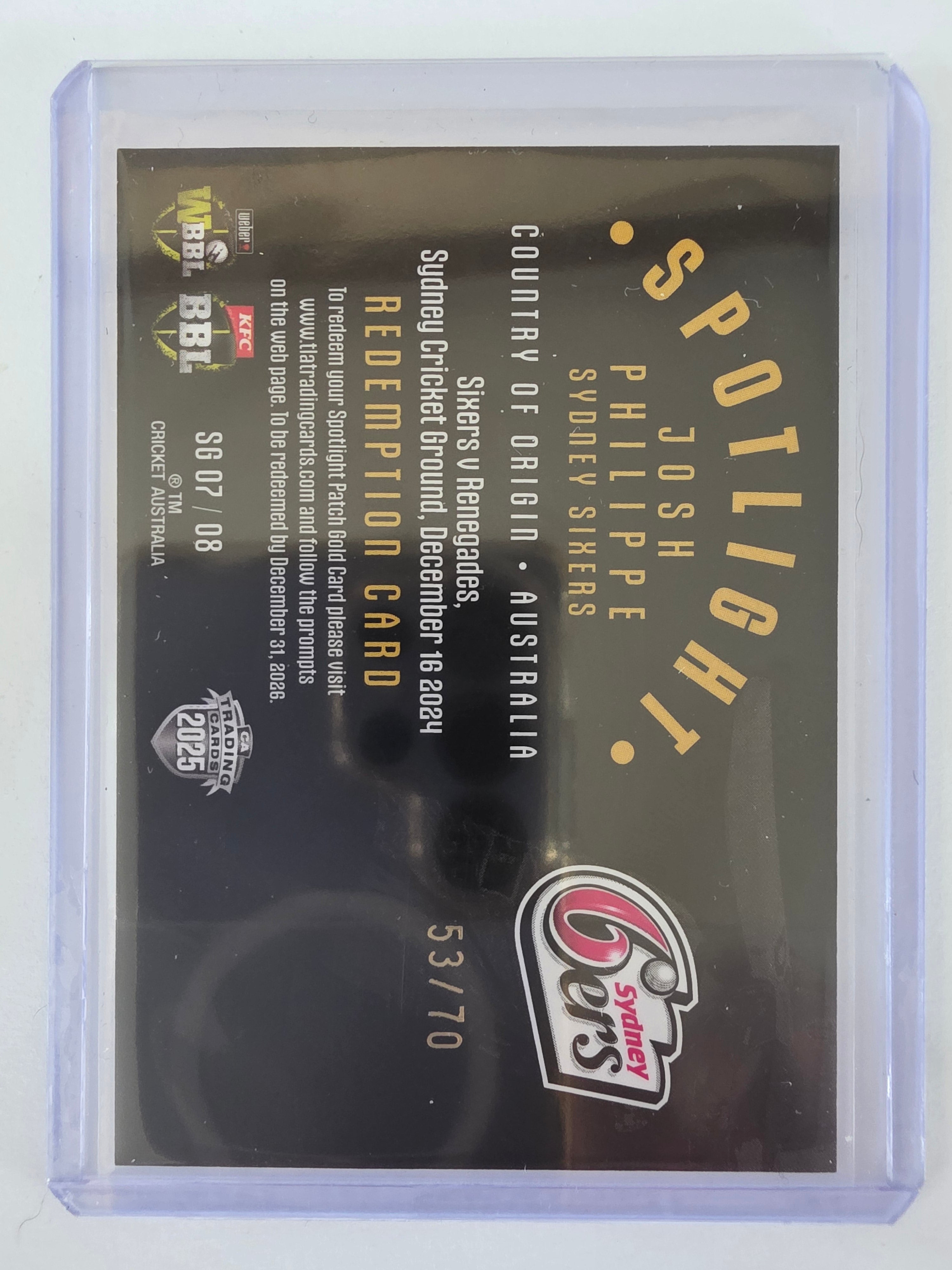 25/26 Cricket | Spotlight Jersey Patch Gold | #SG07 | #53/70 | Josh Philippe | Sixers