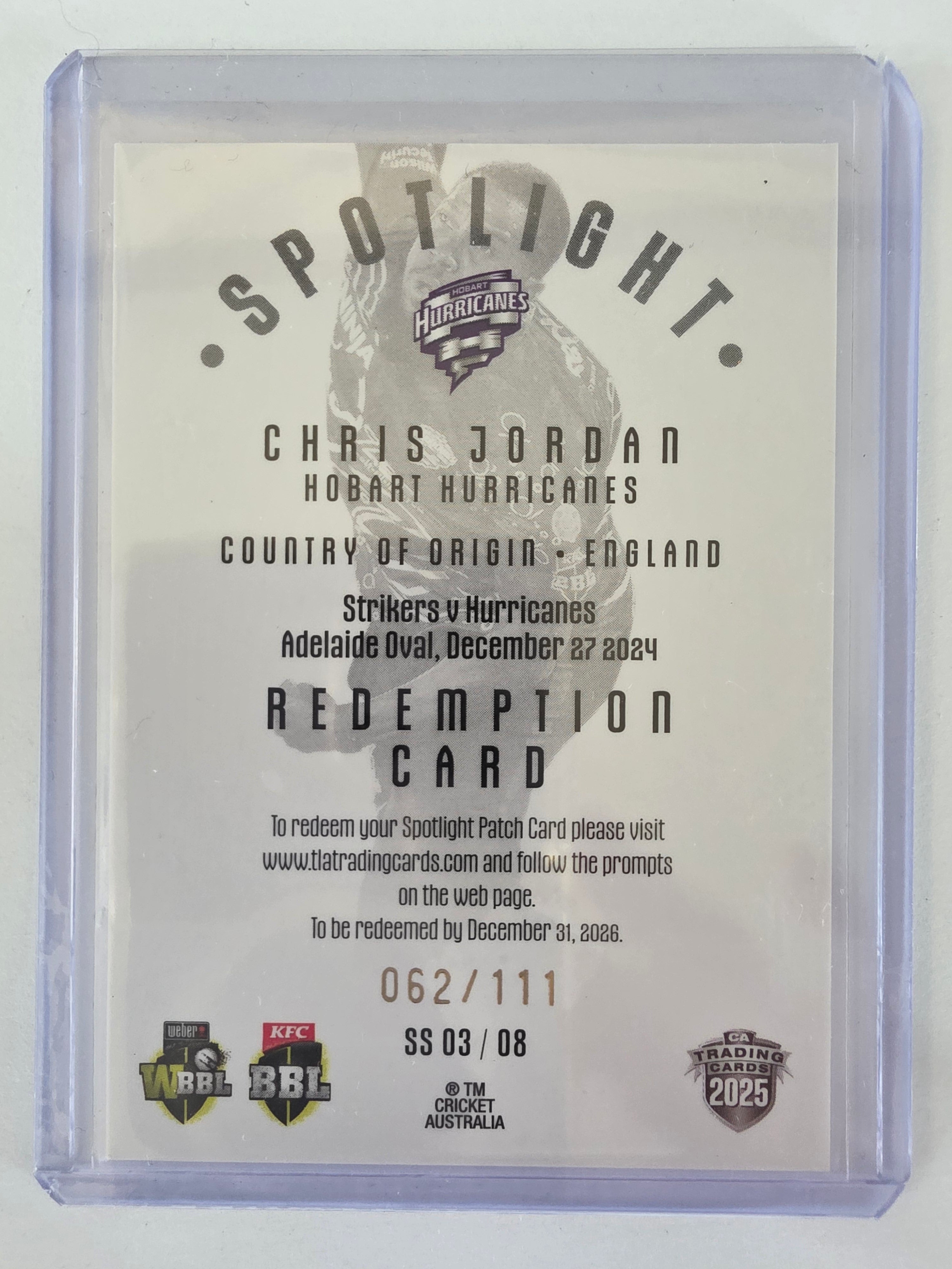 25/26 Cricket | Spotlight Jersey Patch Silver | #SS03 | #062/111 | Chris Jordan | Hurricanes