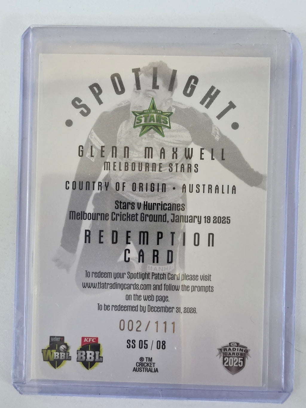 25/26 Cricket | Spotlight Jersey Patch Silver | #SS05 | #002/111 | Glenn Maxwell | Stars