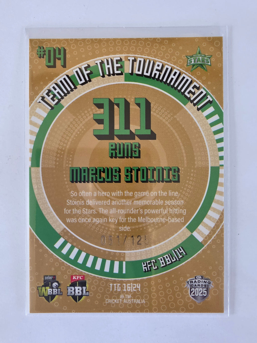 25/26 Cricket Traders |Team of the Tournament GOLD | #TTG16 | #051/125 | Marcus Stoinis | Stars