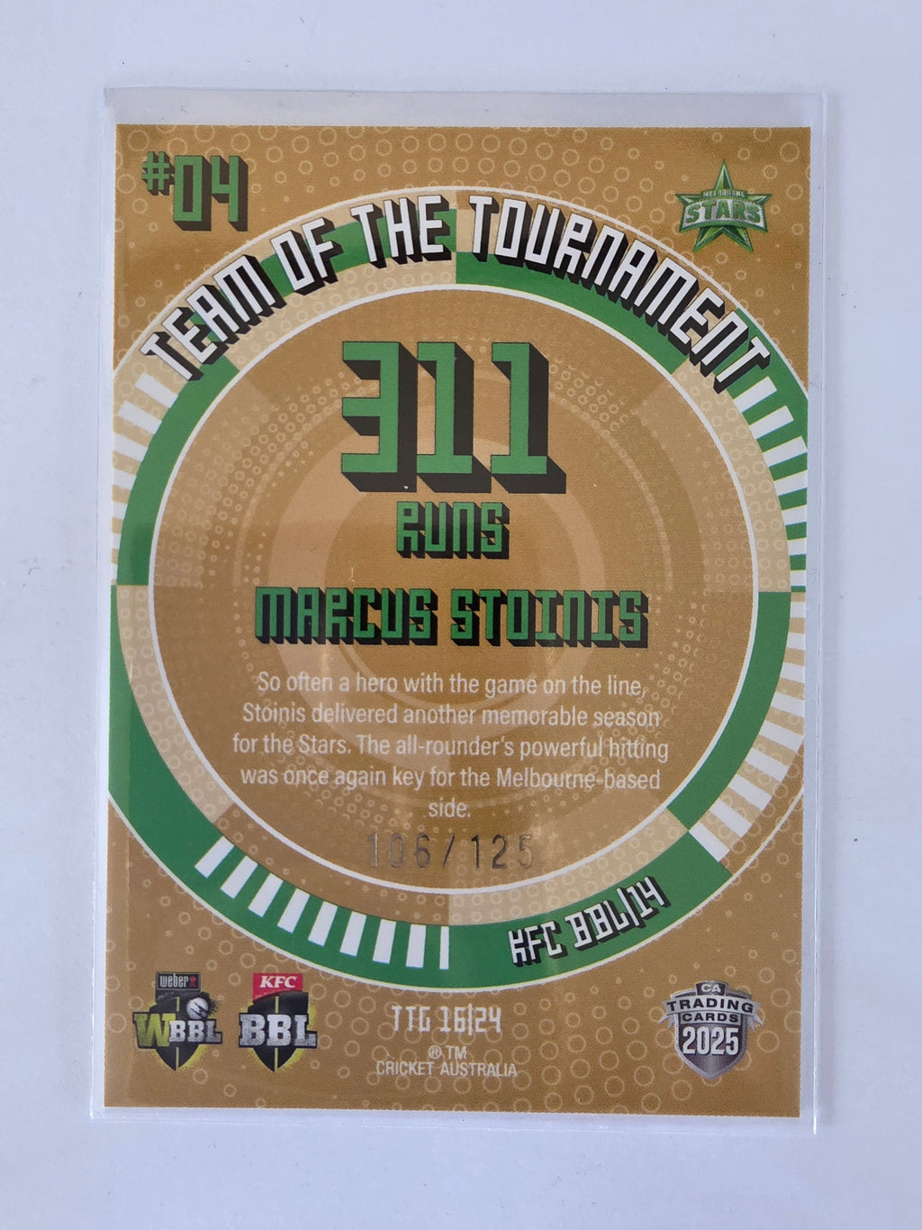 25/26 Cricket Traders |Team of the Tournament GOLD | #TTG16 | #106/125 | Marcus Stoinis | Stars