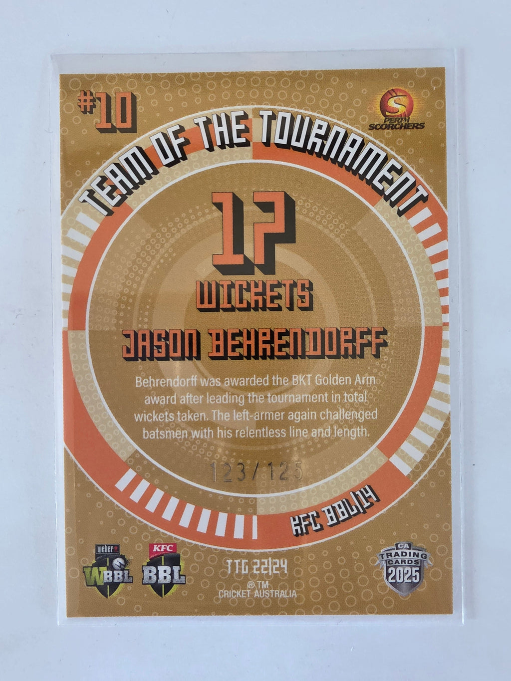 25/26 Cricket Traders |Team of the Tournament GOLD | #TTG22 | #123/125 | Jason Behrendorff