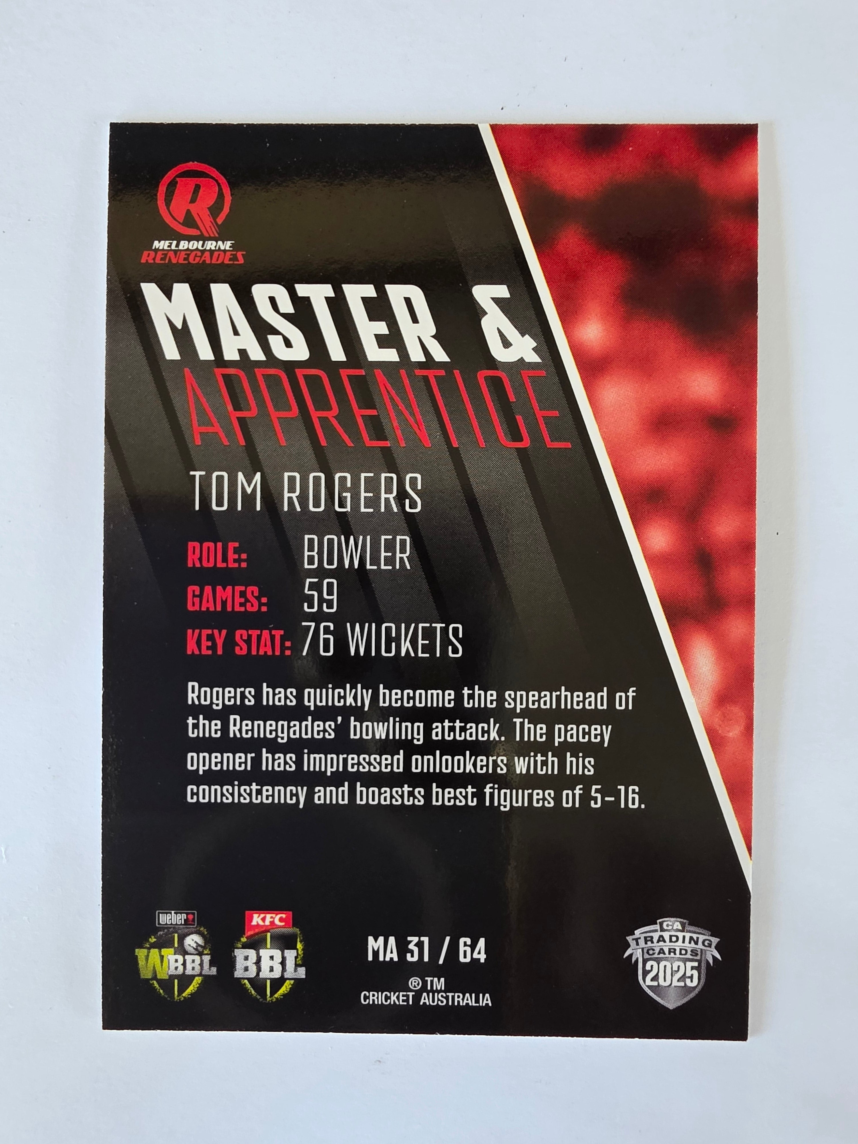 2025/26 Cricket Traders | Master & Apprentice | #MA31 | Tom Rogers | Renegades