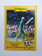 Scanlens 1986 Clashes for the Ashes cricket trading card featuring Mohsin Khan batting for Pakistan.