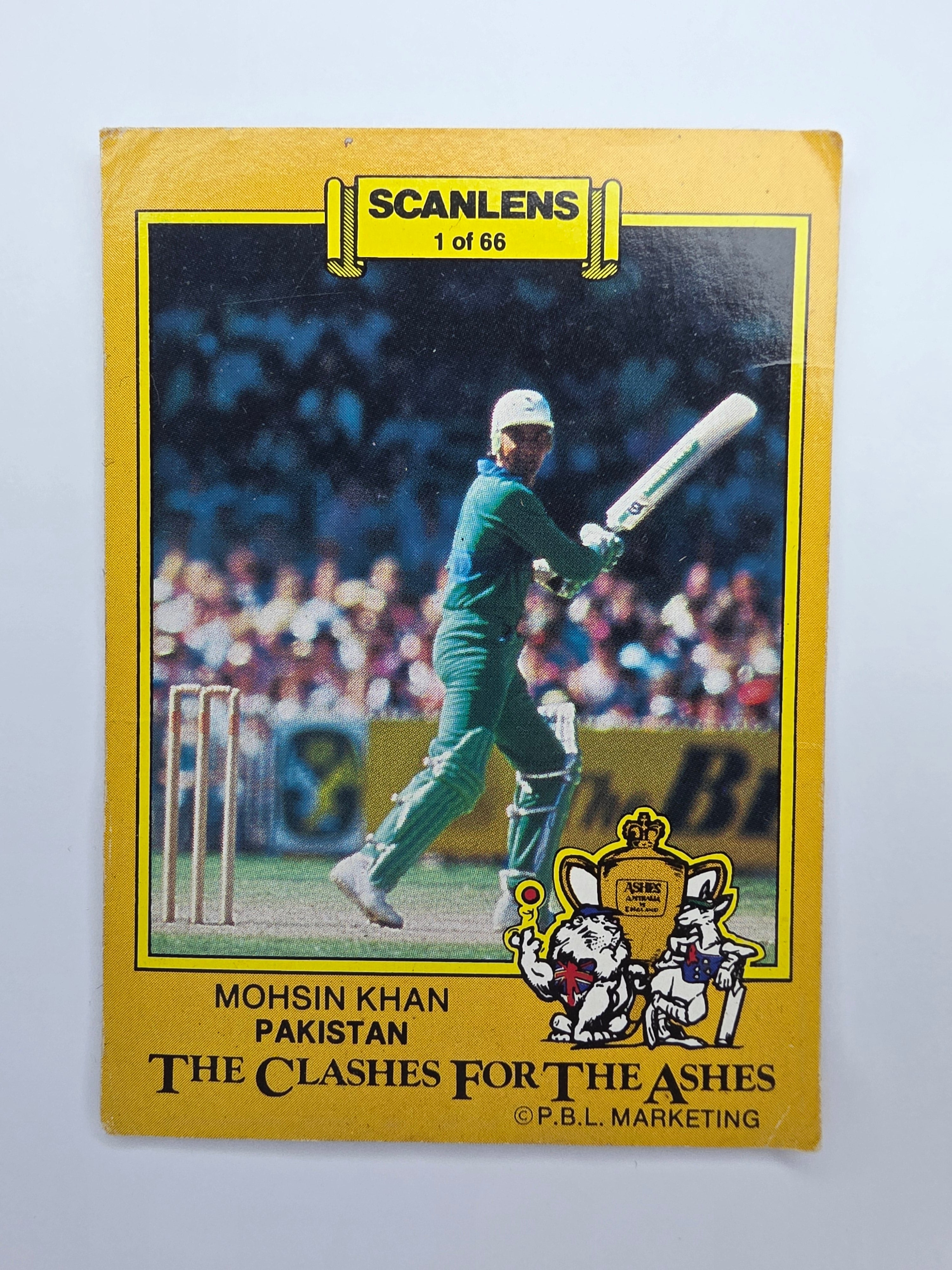 Scanlens 1986 Clashes for the Ashes cricket trading card featuring Mohsin Khan batting for Pakistan.