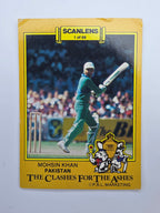 Scanlens 1986 Clashes for the Ashes cricket trading card featuring Mohsin Khan batting for Pakistan.