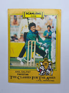 Scanlens 1986 Clashes for the Ashes cricket trading card featuring Anil Dalpat keeping for Pakistan.