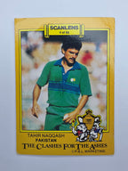 Scanlens 1986 Clashes for the Ashes cricket trading card featuring Tahir Naqqash bowling for Pakistan.