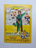 Scanlens 1986 Clashes for the Ashes cricket trading card featuring Wasim Raja bowling for Pakistan.
