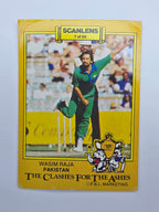 Scanlens 1986 Clashes for the Ashes cricket trading card featuring Wasim Raja bowling for Pakistan.