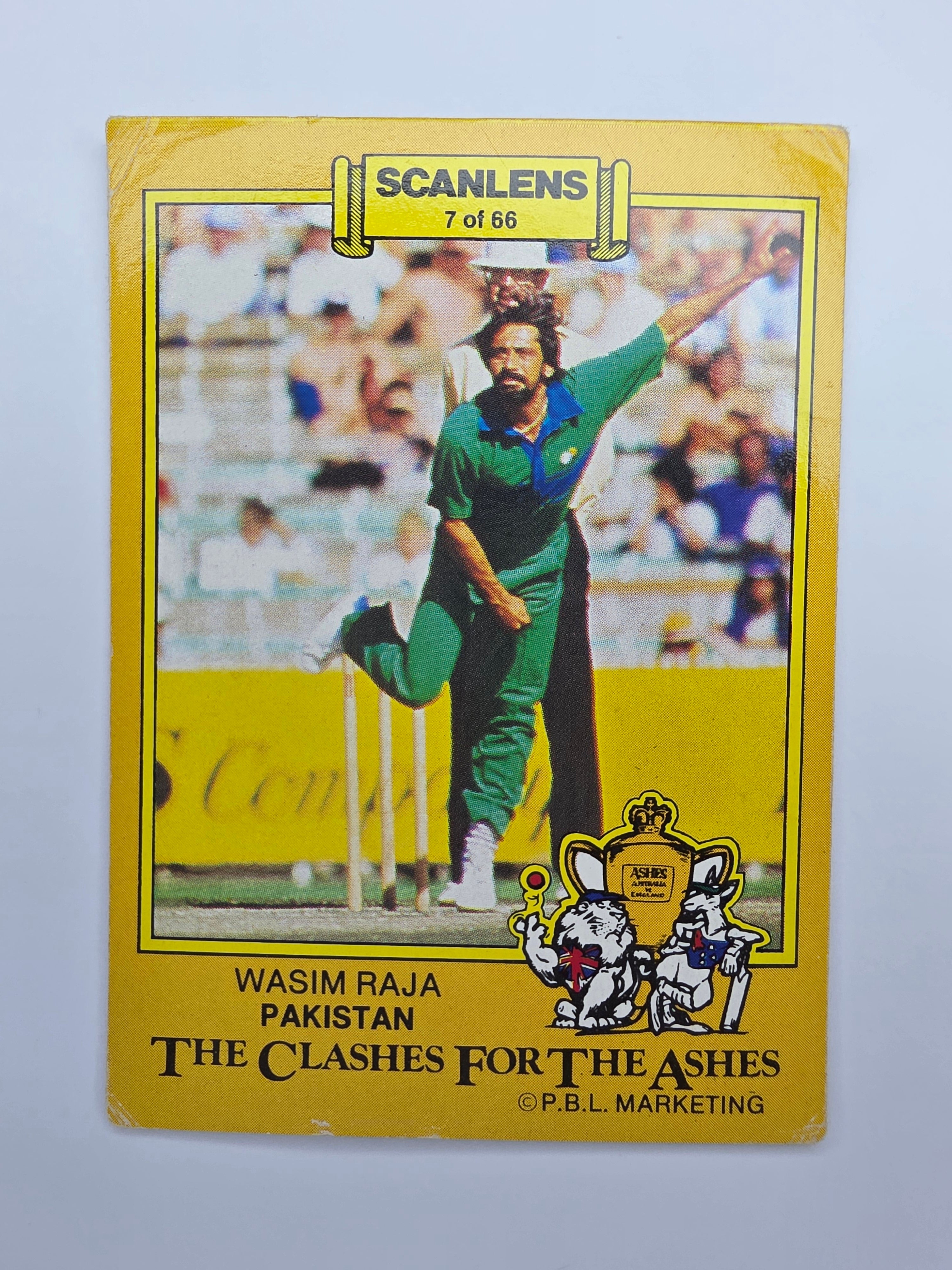Scanlens 1986 Clashes for the Ashes cricket trading card featuring Wasim Raja bowling for Pakistan.