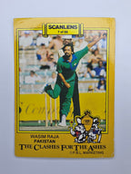 Scanlens 1986 Clashes for the Ashes cricket trading card featuring Wasim Raja bowling for Pakistan.