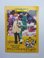 Scanlens 1986 Clashes for the Ashes cricket trading card featuring Imran Khan bowling for Pakistan.