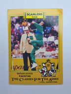 Scanlens 1986 Clashes for the Ashes cricket trading card featuring Imran Khan bowling for Pakistan.