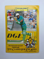 1986 Scanlens Clashes for the Ashes cricket trading card featuring Mudassar Nazar batting for Pakistan.