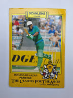 1986 Scanlens Clashes for the Ashes cricket trading card featuring Mudassar Nazar batting for Pakistan.
