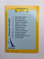 Scanlens 1986 cricket trading card from the Clashes for the Ashes release featuring the checklist for Pakistan.