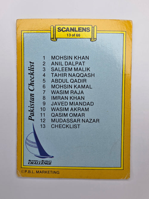 Scanlens 1986 cricket trading card from the Clashes for the Ashes release featuring the checklist for Pakistan.