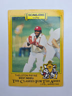 Scanlens 1986 cricket trading card from the Clashes for the Ashes series featuring Thelston Payne wicket keeping for the West Indies.