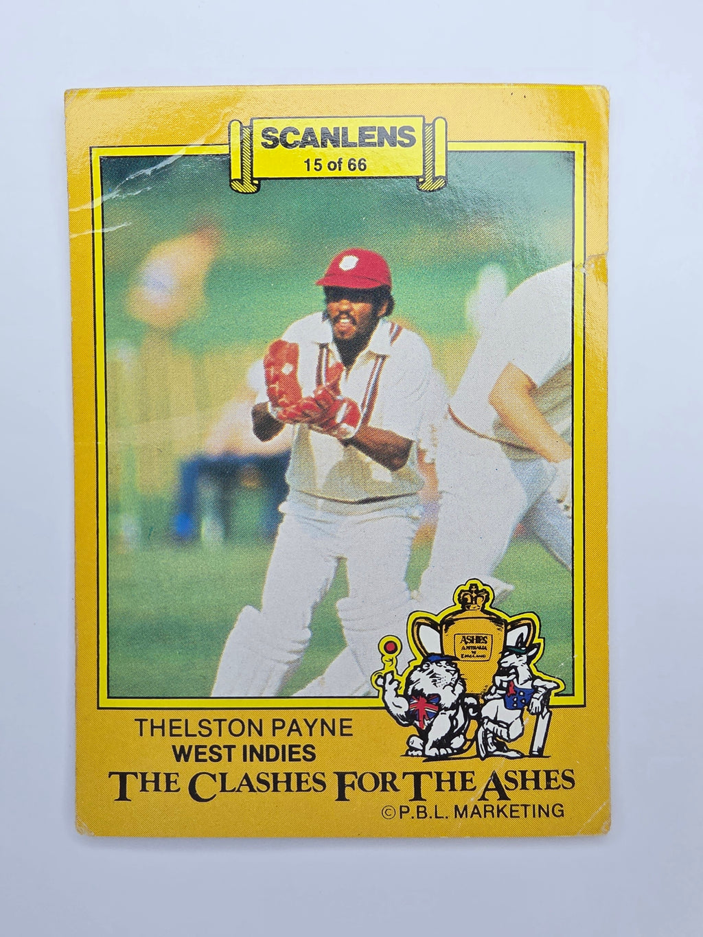 Scanlens 1986 cricket trading card from the Clashes for the Ashes series featuring Thelston Payne wicket keeping for the West Indies.