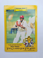 Scanlens 1986 cricket trading card from the Clashes for the Ashes series featuring Thelston Payne wicket keeping for the West Indies.