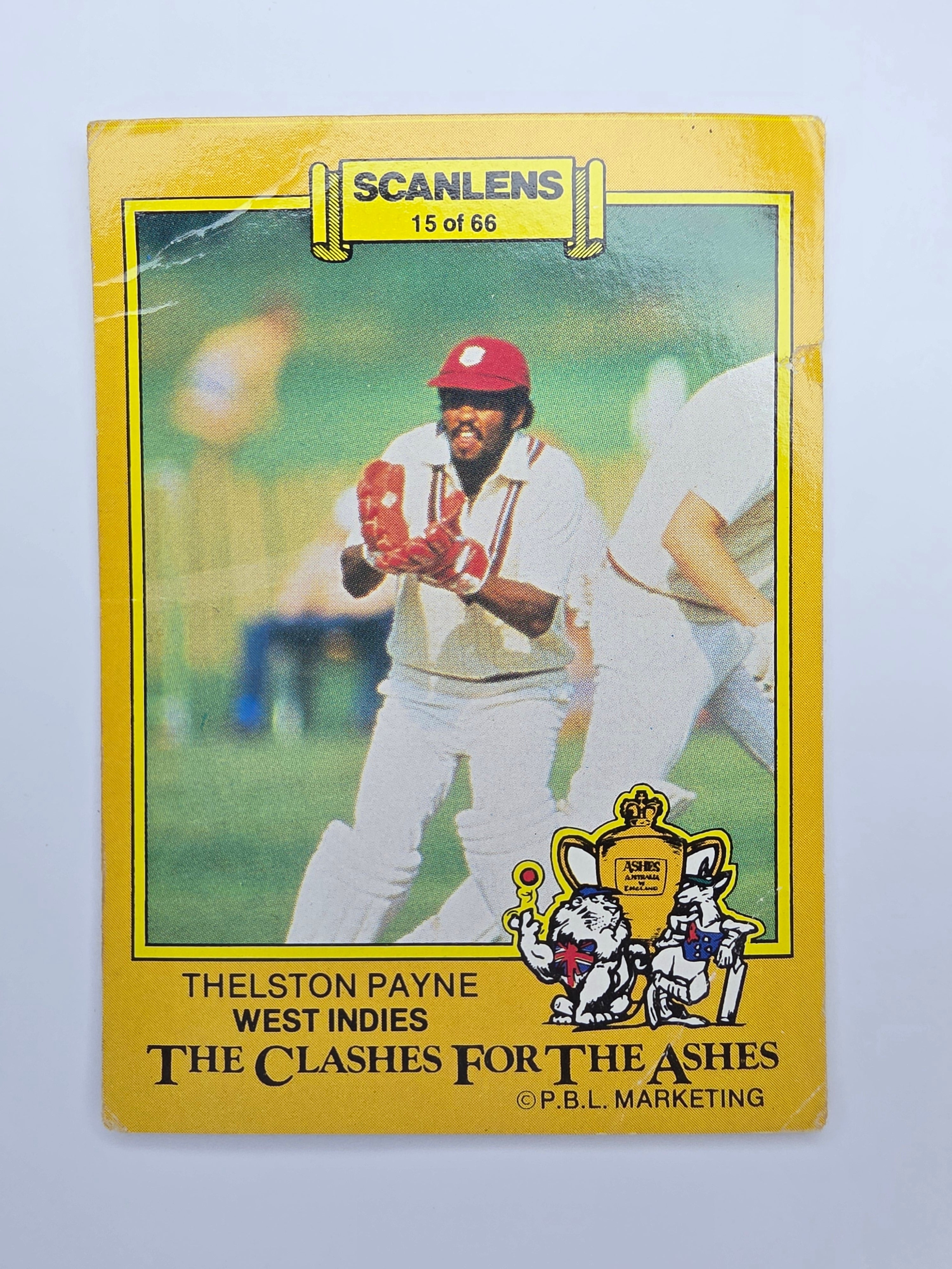 Scanlens 1986 cricket trading card from the Clashes for the Ashes series featuring Thelston Payne wicket keeping for the West Indies.