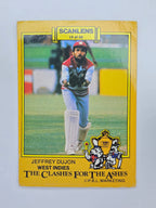 Scanlens 1986 Clashes for the Ashes cricket trading card featuring Jeffrey Dujon wicket keeping for the West Indies.