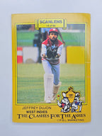 Scanlens 1986 Clashes for the Ashes cricket trading card featuring Jeffrey Dujon wicket keeping for the West Indies.