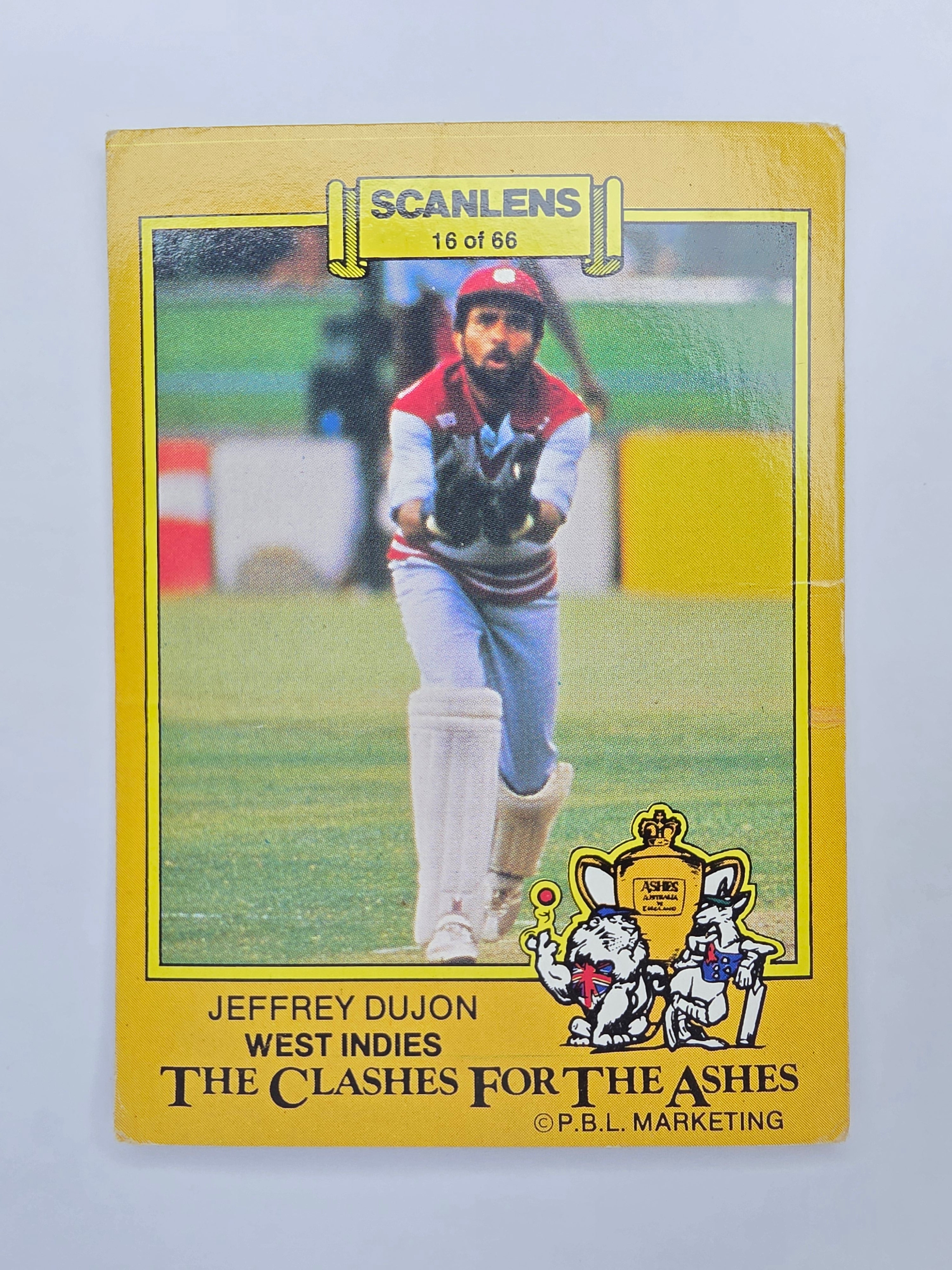Scanlens 1986 Clashes for the Ashes cricket trading card featuring Jeffrey Dujon wicket keeping for the West Indies.