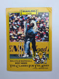 Scanlens 1986 Clashes for the Ashes cricket trading card featuring Malcolm Marshall bowling for the West Indies.