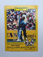Scanlens 1986 Clashes for the Ashes cricket trading card featuring Malcolm Marshall bowling for the West Indies.