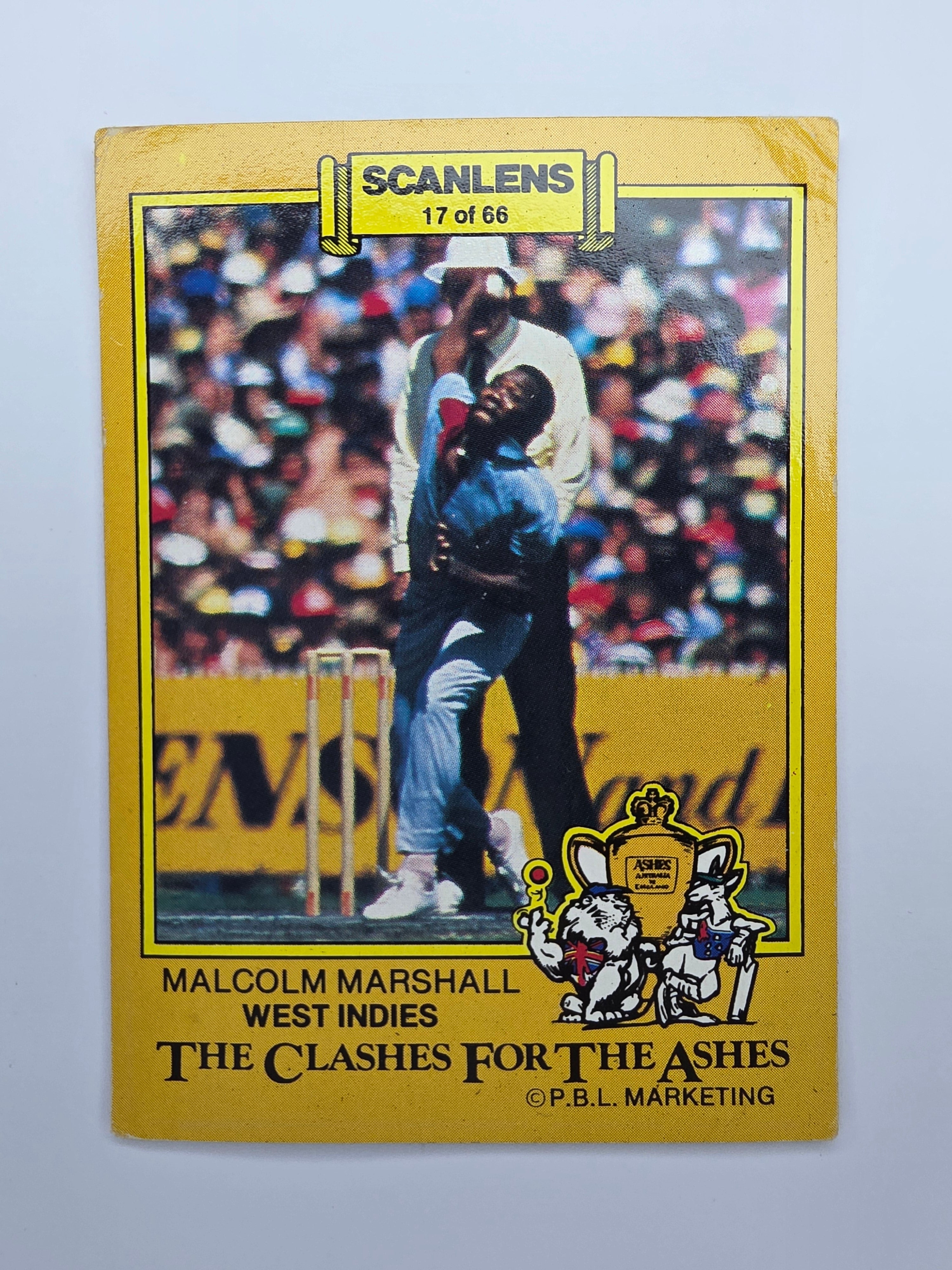 Scanlens 1986 Clashes for the Ashes cricket trading card featuring Malcolm Marshall bowling for the West Indies.